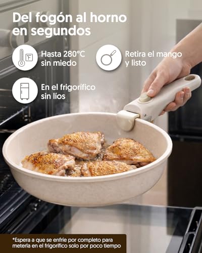 La Moustache - Juego de Ollas y Sartenes【11 Piezas】Aluminio con Antiadherente, Mangos Desmontables, Batería de Cocina (Ø18/20/26cm) + Tapas para Todas las Cocinas, Incluso Inducción (Latte Click) - imagen 5