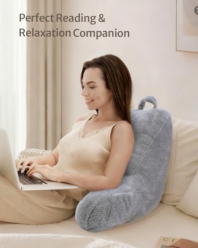 Image of Blissful Diary Plush Velvet Reading Pillow for Kids /Teens /Adults, Back Rest Pillow for Sitting Up in Bed with Shredded Memory Foam, Includes Arms and Washable Cover, Light Gray