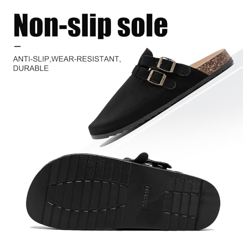 Men Suede Clogs with Arch Support, Unisex Leather Mules for Women, Adjustable Double-Buckle Cork Footbed Slip-On Sandals - Comfortable Potato Shoes2