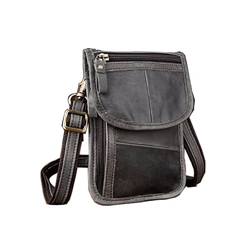 Le'aokuu Men Leather Fashion Mini Messenger Crossbody Bag Hook Waist Belt Bag Pack Cell Phone Case (Grey)