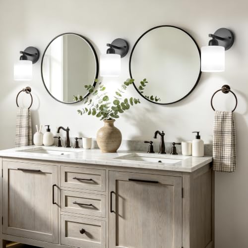 Image of 2PCS Light Black Bathroom Light Fixture, Modern Bathroom Lights with Milky White Frosted Glass Shades for Mirror Living Room Bedroom Hallway E26 Base