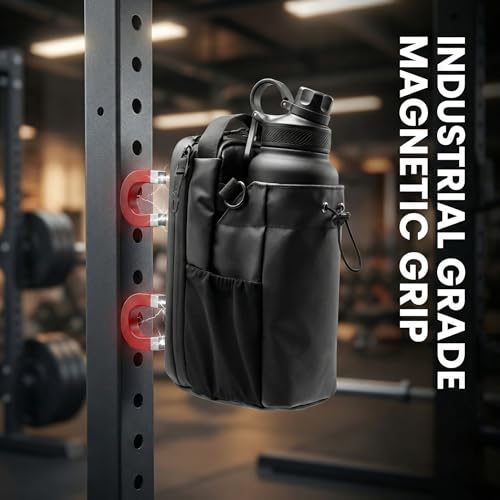 Image of Magnetic Gym Bottle Holder Bag | Strong Magnet Water Bottle Carrier with Storage Pockets & Zippered Compartments | Gym, Fitness & Workout Accessory | Black | Faux Leather