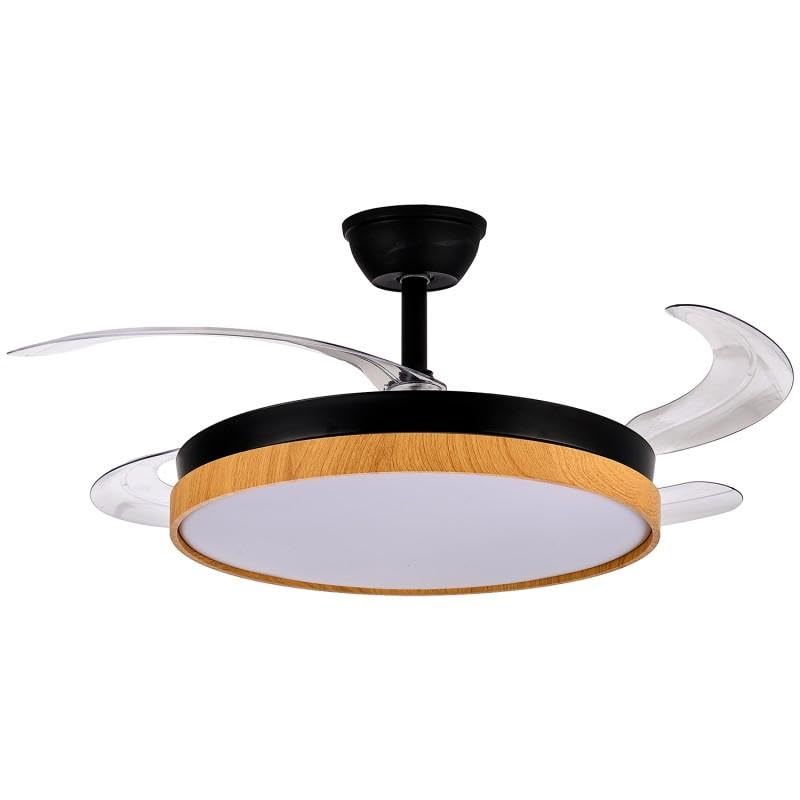DRW Ventilador de Techo con luz y 4 aspas retractiles en Negro y Madera Aurora 53x106x106 cm