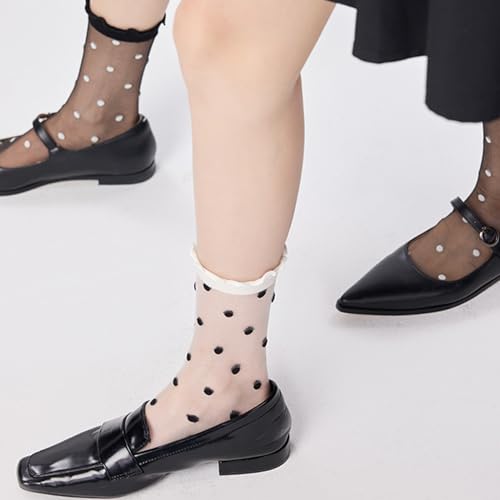 Women's Sheer Socks Ruffle Frilly Nylon Polka Dots Stockings Summer Ultra Thin Cool See Through Cute Calf Novelty Socks for Girls 6 Pack4