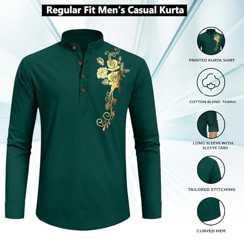 Image of Zombom Men's Cotton Polyester Blend Mandarin Collar Self One Design Printed Full Sleeve Casual Short Kurta