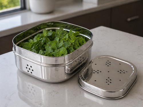 Image of Ajay's Shoppe Stainless Steel Dhaniya Storage Box with Lid (11.7 x 4.5 cm) | Ventilated Kothmir Dibbi, Herb Keeper & Fridge Organizer | Rust-Free