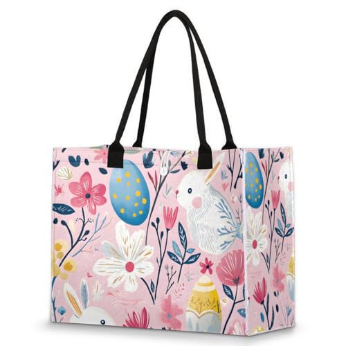 Bunny Eggs Easter Tote Bag for Women Large Beach Bag Reusable Tote Bags for Work Travel Beach Shopping