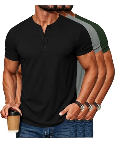 DOWMQ Waffle Henley Shirts for Men Short Sleeve Button Tops Casual Basic T Shirts Lightweight Summer Tees Knit 3 Pack Black Light Gray Army Green, M