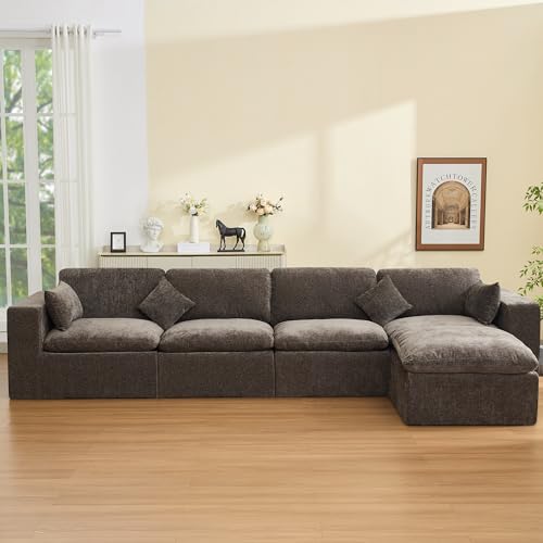 Image of 146''Cloud Boneless Sectional Couch, Modular Sectional Sofa Deep Seat with Ottoman, Oversized Upholstered Convertible Comfy 5 Seater Chenille Sofa L Shape Couches for Living Room, Brown