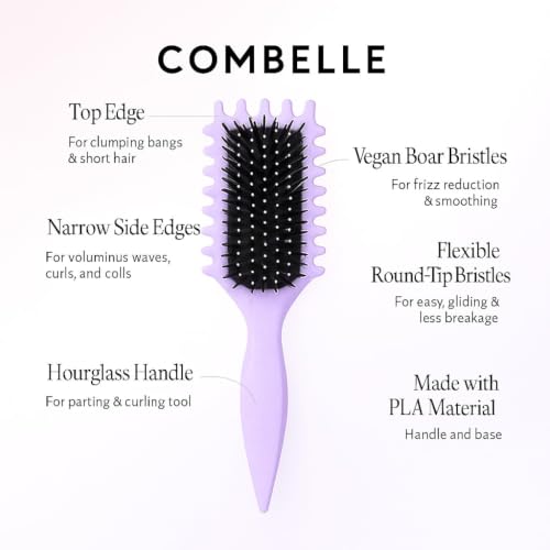 Image of Combelle 5-in-1 Curl Hair Brush | Vegan Boar Bristles | Bio-Based PLA Handle | Detangling, Defining & Frizz Control for Curly & Wavy Hair | For Men & Women - Purple (Pack of 2)