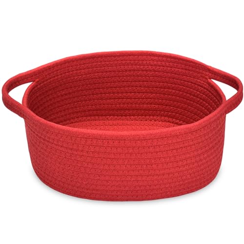 Image of ABenkle Small Basket with Handles, Boho Decorative Rope Woven Dog Cat Toy Storage Bin Shelf Storage Organizer, Easter Christmas Gift Basket, 12 inchx8 inchx5 inch