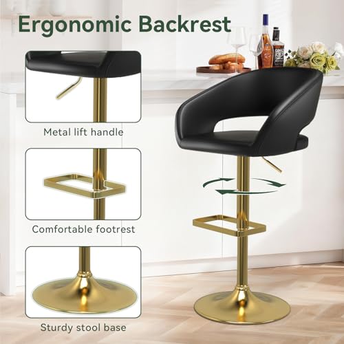 Image of PU Leather Adjustable Swivel Counter Height Bar Stool, Black, Gold Base