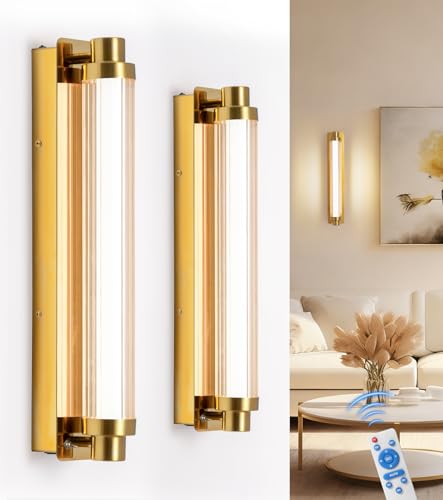 Image of Set of 2 Modern Gold Detachable 15000mAh Battery Wall Sconces | 15000mAh detachable battery, remote dimmable timer, renter-friendly no hardwire light for wall art bedroom hallway