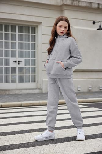 Arshiner Girls 2 Piece Outfits Tracksuit Drop Shoulder Hoodie Half Zip Sweatshirt and Sweatpants Joggers Set with Pockets3