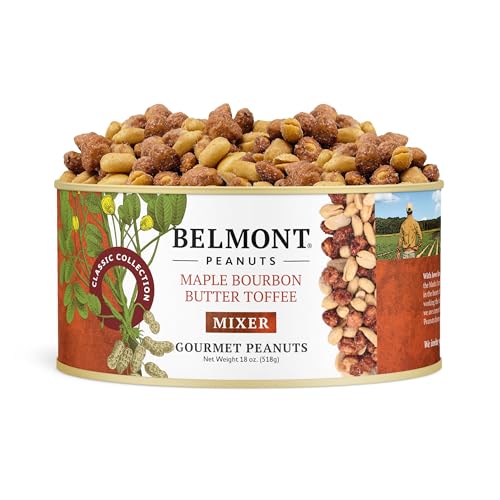 Image of Belmont Peanuts Gourmet Maple Bourbon Butter Toffee Mixer with Maple Bourbon-Spiced Sea Salt and Butter Toffee Virginia Peanuts, 18 oz (1 Pack) - Simple Ingredients, No Preservatives, Hand Seasoned