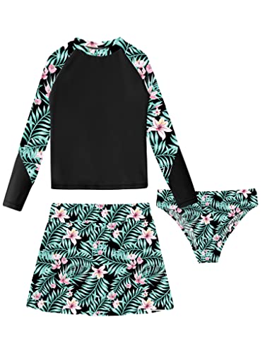TTAO Girls UPF50+ Rash Guard Set Long Sleeve Top Swim Skirt Swim Briefs Set Bathing Suit Black&Pink 8 Years