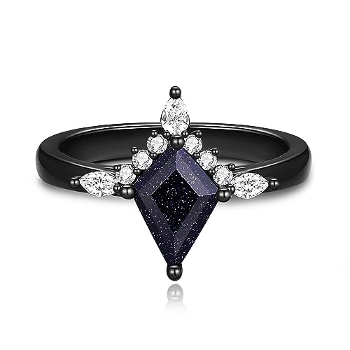Gothic Black Wedding Band with Blue Sandstone - Unique Promise Rings for Women