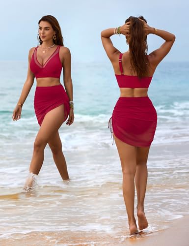 Image of Blooming Jelly Womens Swim Skirt High Waisted Bikini Sets Tummy Control Swimsuits Mesh Sarong Wraps Bathing Suits
