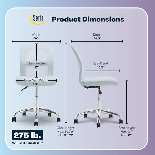 Image of Serta Armless Small Home Desk Chair with Wheel, Ergonomic Mesh Office Chair | Essentials, Leather & Foam Cushioned Seat, Adjustable Height, Vanity Chair for Bedroom & Small Space, 360 Swivel, Sky Blue