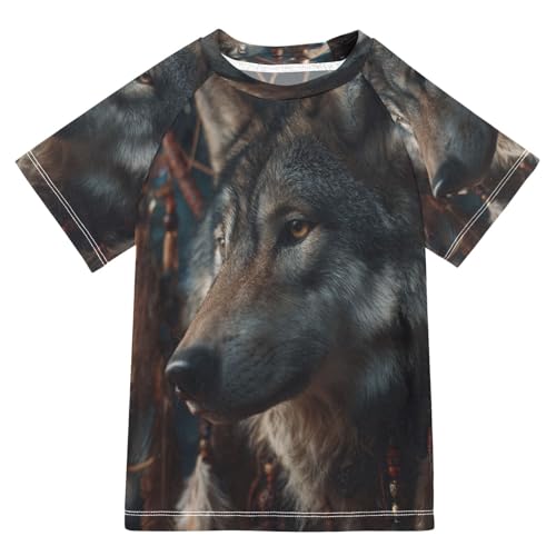Boys Short Sleeve T-Shirts Ethnic Wolf Portrait Rashguard Kids Swim Shirts Sun UPF 50+