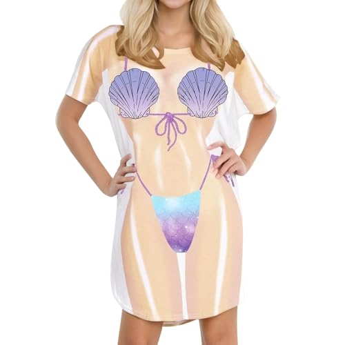 Strandkleid Frottee Damen Bikini Cover Up Kleid Kurzarm Print Lose T-Shirt Nachthemd Weihnachtskleider Damen Große Größen (Purple, XL)