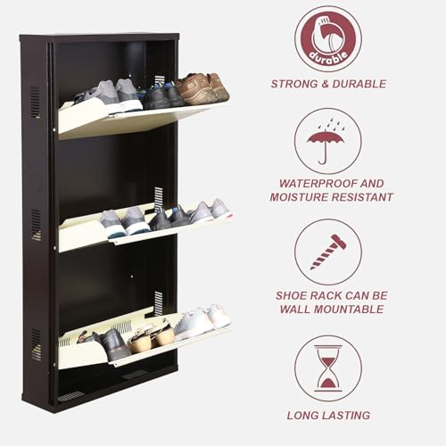 Image of Metal Shoe Rack Wall Mounted for Home with Central Locking 3 Door 20 inch Wall Mounted Metal 6 Pair Rack Cabinet Pre-Assembled Shoe Rack Shelves | 3 Year Warranty (Brown & Ivory)