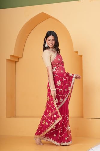 Image of Embroidered Organza Saree with Lace Border for Women | Organza Saree for Wear in Occasions | Elegant Ethnic Wear | Red Pink