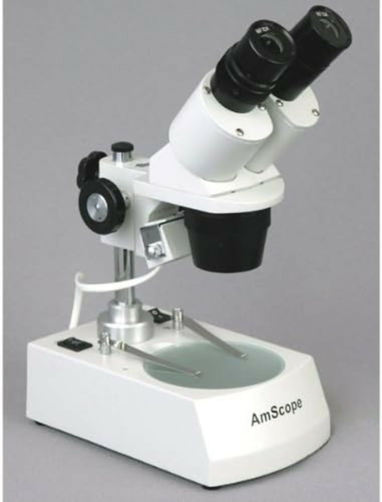 AmScope SE305R-PY-LED Forward-Mounted Binocular Stereo Microscope, WF10x and WF15x Eyepieces, 10X/15X/30X/45X Magnification, 1X and 3X Objectives, Upper and Lower LED Lighting, Reversible Black/White Stage Plate, Pillar Stand, 120V or Battery-Powered