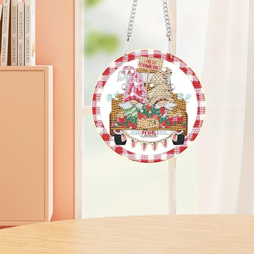 Image of DIY 5D Diamond Painting Hanging Pendant Kit Special Shaped Diamond Dots Art Acrylic Ornaments, Pink Gnome Diamond Art Pendant for Adult Home Wall Window Decor Gift