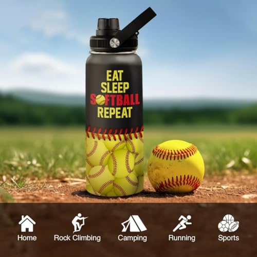 Image of SANDJEST Softball Gift Water Bottle - 32oz Insulated Stainless Steel Sport Bottle