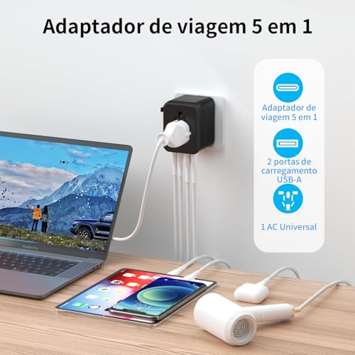 Adaptador Universal de Tomada com 20W PD Carregamento Rápido, 2 USB-C + 2 USB-A, Proteção para Crian