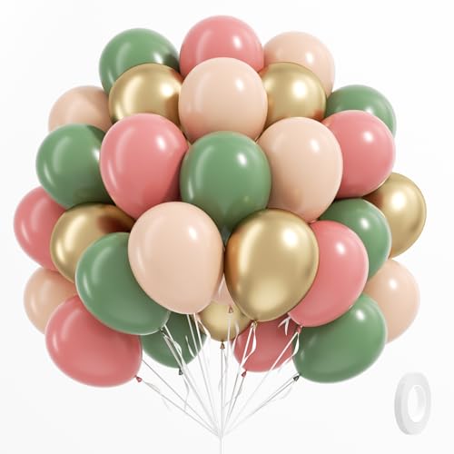 Image of 60pcs Pink and Green Balloons, 12 Inch Sage Green Dusty Pink Metallic Gold Nude Balloons with White Ribbon for Birthday Baby Shower Party Decorations