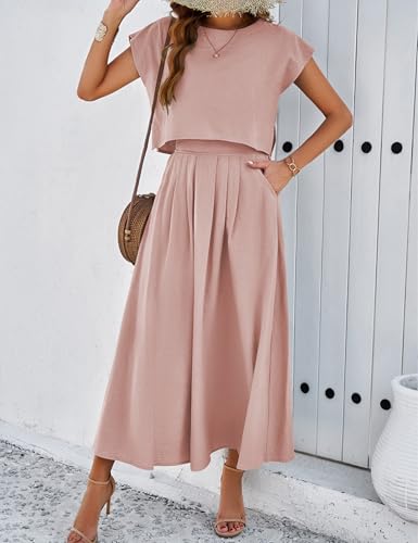Image of Mingzhu Womens 2 Piece Outfits Skirt Set Summer Casual Cap Sleeve Crop Tops Maxi Dress Sets with Pockets