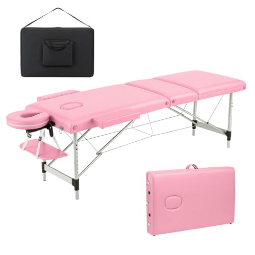 OmySalon Massage Table Portable Massage Bed, 84" x 24" Salon SPA Tattoo Facial Bed Lash Table Height Adjustable with Carrying Bag, Face Cradle & Alumium Frame (Pink, 3-Fold)