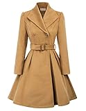 Belle Poque Plus Size Winter Wool Coats for Women Double Breasted Swing Pea Coat,Khaki, XX-Large