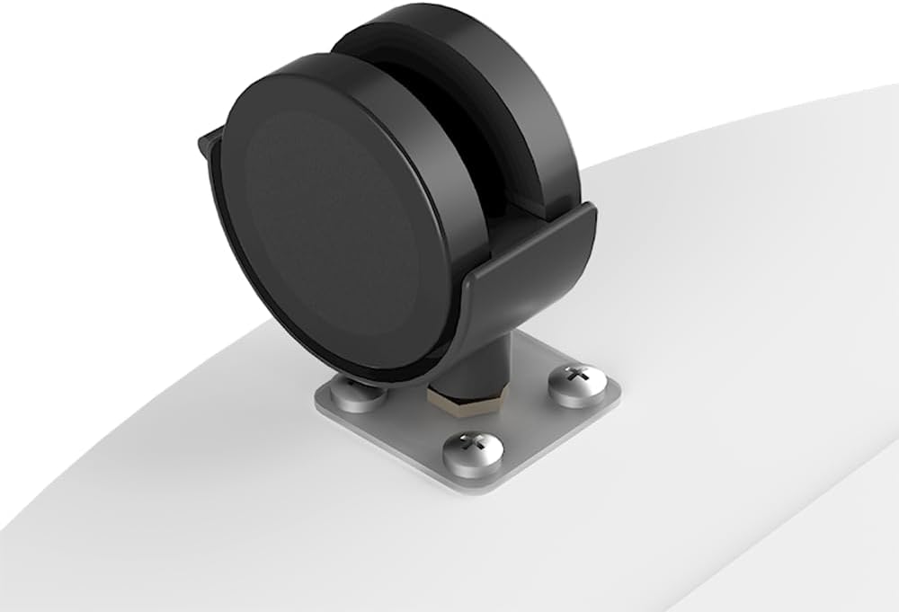 Close-up of a caster wheel attached to the base of the TV stand