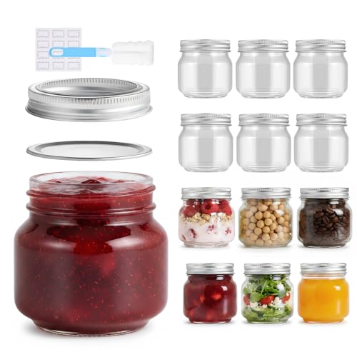 Image of Glass Mason Jars 12 Pack 250ml/8oz with Airtight Lids, Round Mouth Canning Jars, Clear Glass Jam Jars for Overnight Oats, Pickling, Food Storage, DIY Projects, with Cleaning Brush & Sticker Labels