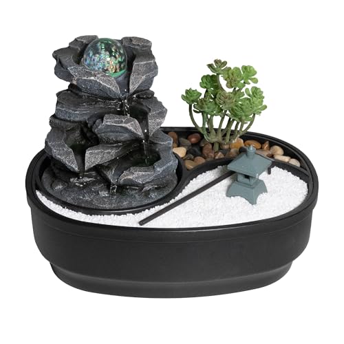 LEMODO Zimmerbrunnen mit LED-Beleuchtung, Tischbrunnen mit Glaskugel, dekorativer Zierbrunnen mit Wasserfall und Zen Garten, Wasserbrunnen für Zuhause, Zimmerbrunnen als Zimmer Deko
