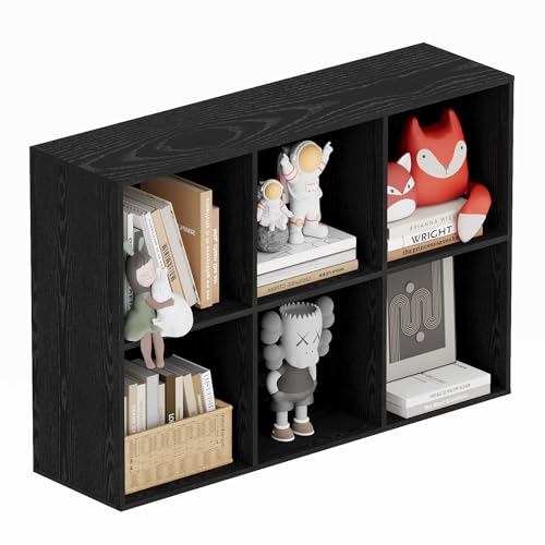 Nestwise Book Shelf, Wooden Cube Storage Organizer with 11" Open Cubes, Stackable Modular Bookcase for Room Divider Storage, 2 Tier Bookshelf for Living Room, Bedroom, Office (Black, 6-Cube)
