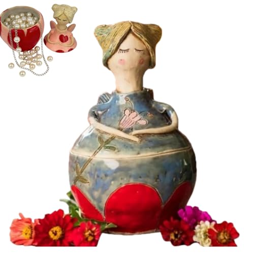 Handmade Garden Fairy Figurine Jewelry Box for Women, Removable Storage Art Ornament with Heart Accents, Hand Painted Whimsical Tabletop Small Items Organizer Case (G, 7*8*12 cm/2.7*3.1*4.7 in)