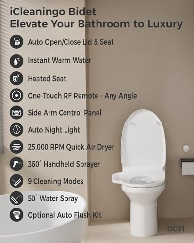 Image of DC01 Electric Bidet Toilet Seat Elongated, Auto Open, Side Panel | Instant Warm Water Wash, Heated Seat, Warm Air Dryer, Auto Close Lid, Simple Remote, LED Night Light & 360 Handheld Sprayer