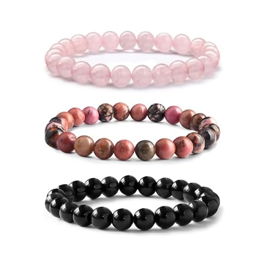 Adramata 3 Piezas Pulsera Mujer Piedras Naturales – Pulsera Cuarzo Rosa/Rodonita/Obsidiana Negra Natural – Pulsera de Piedra Natural 8mm