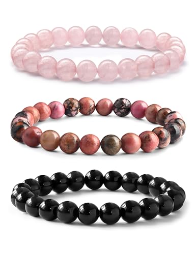 Adramata 3Pcs 8mm Bracelet Pierre Naturelle Lithotherapie Femmes Hommes Bracelet Élastique Empilable Quartz Rose/Rhodonite/Obsidienne Noire Naturelle Bracelet Perles Femme