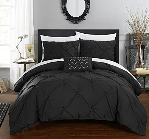 Chic Home Daya 3 Piece Duvet Cover Set Ruffled Pinch Pleat Design Embellished Zipper Closure Bedding, Twin, Black