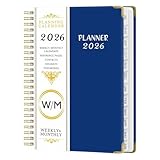 YAMAGW スケジュール帳 2026年1月始まりA5サイズ手帳 日記帳 システム手帳 プランナー マンスリー&ウィークリー メモ 時間管理ノート ビジネス ハードカバー 25×16cm ウィークリープランナー 仕事記録 スケジュール (ネイビー)