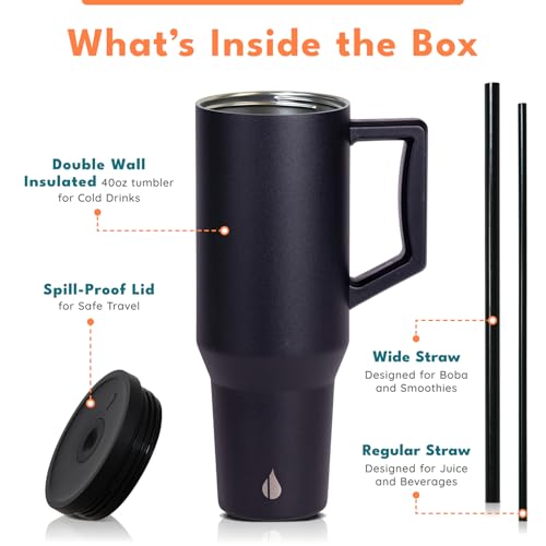 Image of Elemental Spill Proof 40oz Insulated Tumbler with Handle & Straw Travel Mug | Stainless Steel Commuter Travel Coffee Mug for Cold Beverages, Includes 2 Straws & a Spill Proof Lid for Everyday Use