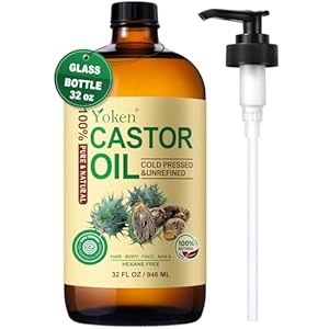 EWG Verified Castor Oil Glass Bottle 32 fl oz (with Pump) 100% Pure Castor Oil for Skin Face Hair, Cold Press, Hexane Free, Unrefined Caster oil for Pack Wrap Deep Nourish Body