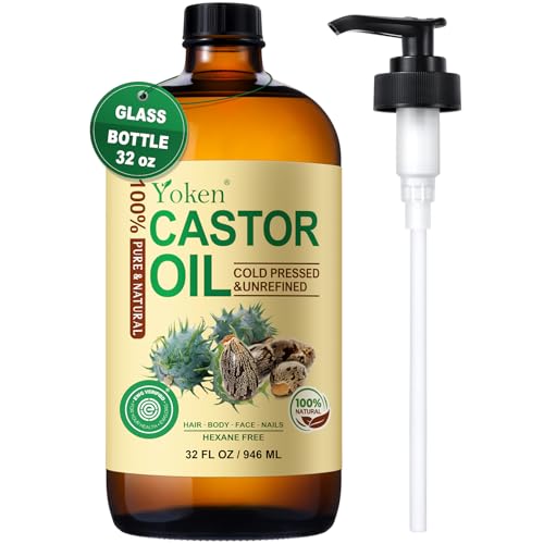 EWG Verified Castor Oil Glass Bottle 32 fl oz (with Pump) 100% Pure Castor Oil for Skin Face Hair, Cold Press, Hexane Free, Unrefined Caster oil for Pack Wrap Deep Nourish Body