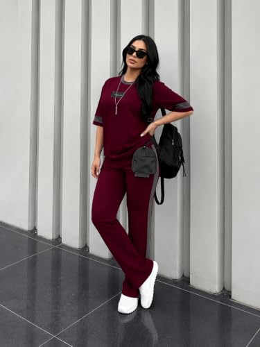 Image of Tracksuit for Women | Casual Brown Loungewear 2 Piece Set | Short Sleeve T Shirt and Wide Leg Pants with Side Stripes | Sports Jogging Co ord Matching Sweatsuit(40-N-1-4)