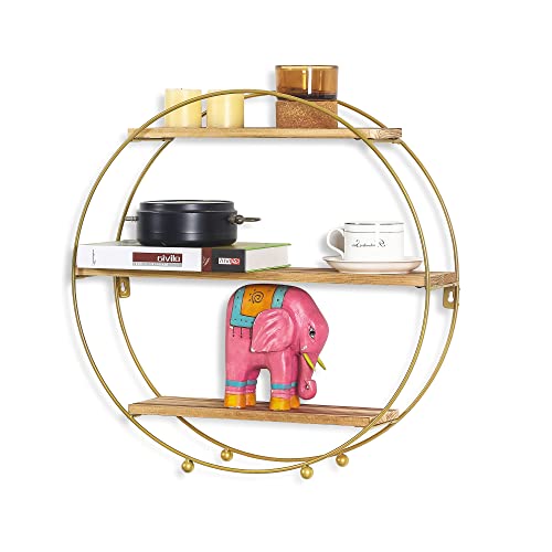 Joveco Round Wall Shelf Gold, 3 Tier Metal & Wood Circle Shelf Set, Round Shelves Wall Decor for Living Room,Bedroom,Bathroom (Gold)